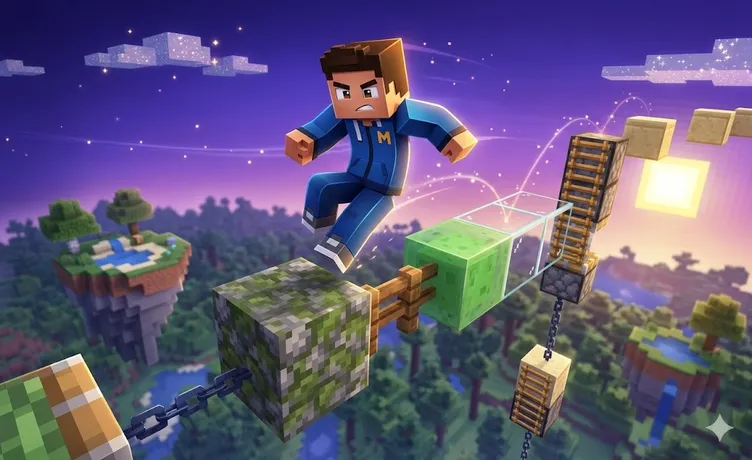 Играч Minecraft скача върху плаващи блокове с лепкави блокове и бутала