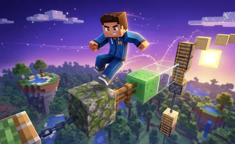 Minecraft player jumping on floating blocks with slime and pistons